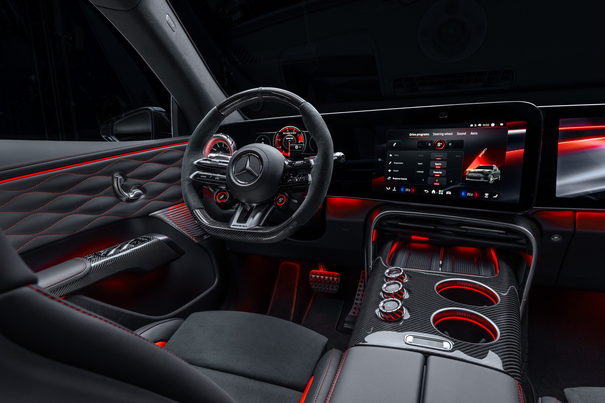 Som hos GT 4-Door Coupé hittas det tre vred på mittkonsolen för att ställa in bilens köregenskaper.