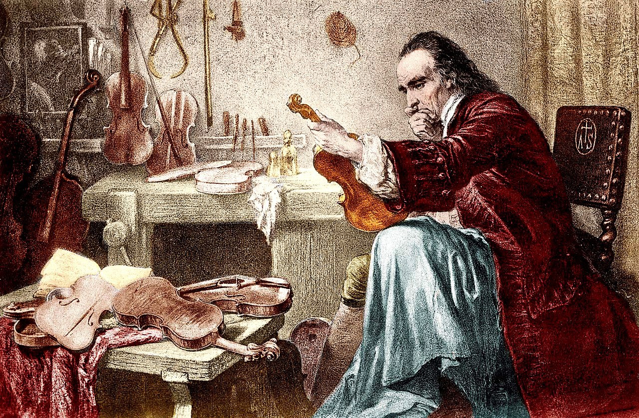 Målning av Antonio Stradivari som tillverkar fioler i sin verkstad
